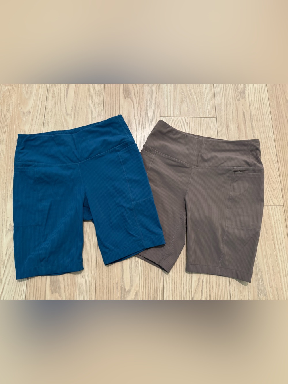 Mondetta Ribbed High-Waist Bike Shorts Duo — Teal and Taupe